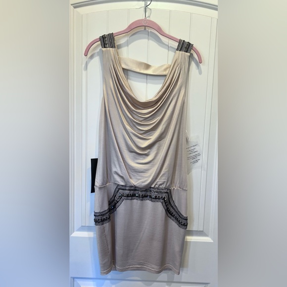 Bebe NWT Champagne Hand-Embellished Dress Sz Medium Great Gatsby 1920 Vibe - Picture 10 of 14